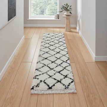 Boho 5413 Modern Moroccan Berber Soft Plush Shaggy White/Black Runner-Think Rugs-Rug Love - The Most Loved Rug Store